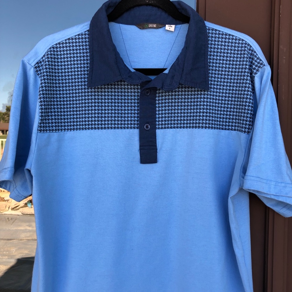 18 Greens Light Blue Navy Houndstooth Polo L